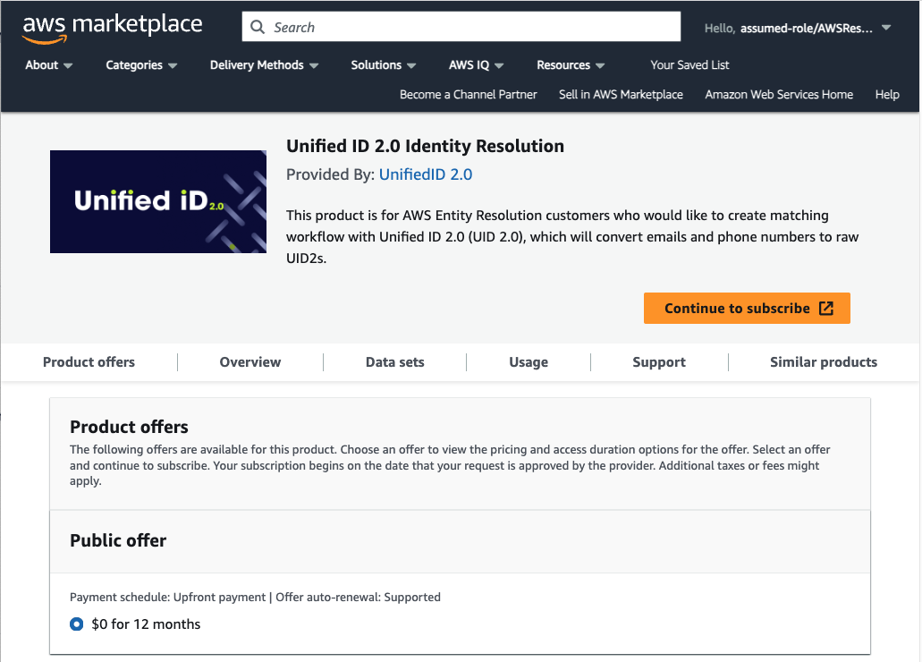 AWS Data Exchange market place screenshot