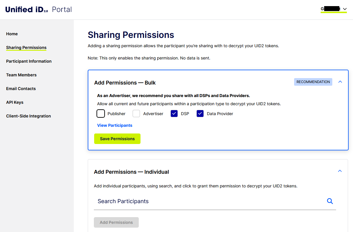 UID2 Portal, Sharing Permissions page, Recommendations (Advertiser)