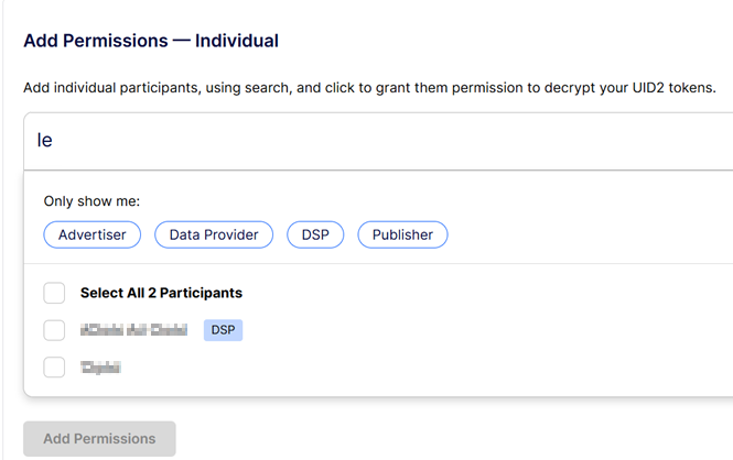 UID2 Portal, Sharing Permissions page, Individual Permissions: Using Search)