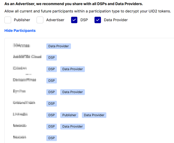 UID2 Portal, Sharing Permissions page, View Participants list)